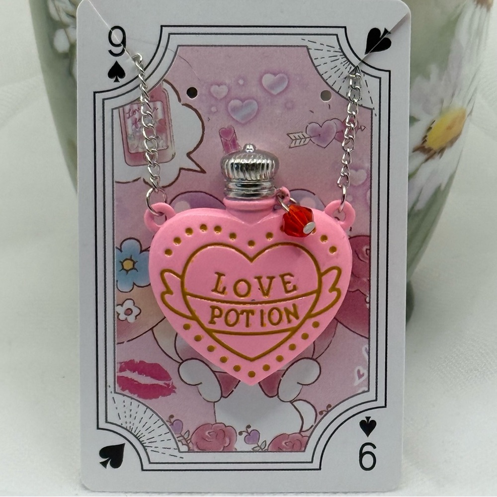 Kawaii bright Pink Love Potion metal Heart Necklace with red charm